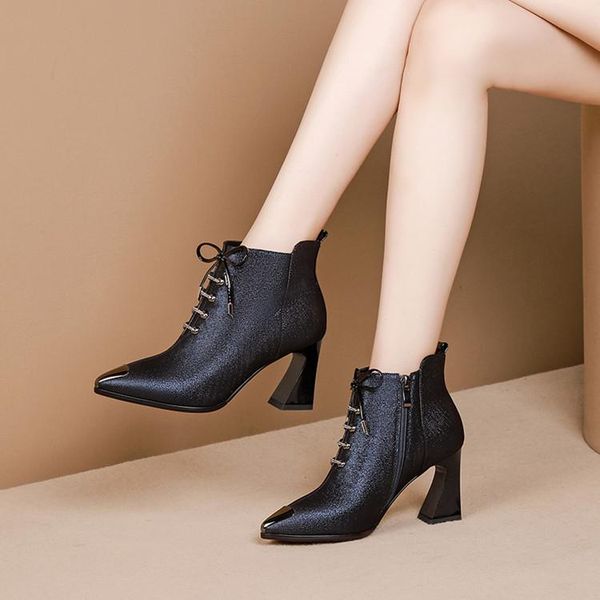 

boots mljuese 2021 women ankle sheepskin pointed toe winter short plush lace up square heel size 34-42, Black