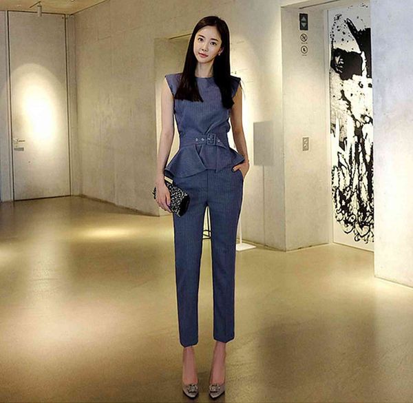 

women's suits & blazers llzacoosh spring and summer sleeveless lotus leaf coat slim was thin trousers two sets of professional ol suit, White;black