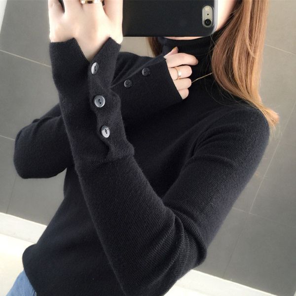 

jmprs new 2021 autumn women turtleneck sweater fashion winter pullover slim knitted long sleeve button jumper lady basic top, White;black