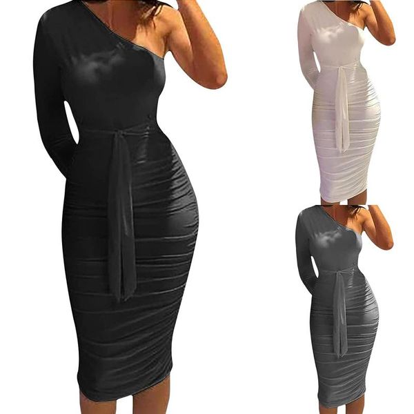 

casual dresses womens one shoulder dress solid black white bodycon long sleeve lace up ruched midi slash neck pleated formal, Black;gray