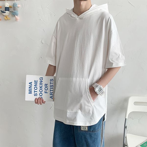 

hoodies summer cotton short-sleeved t-shirt men's fashion pocket tshirt men streetwear korean loose hooded t shirt mens m-2xl, Black