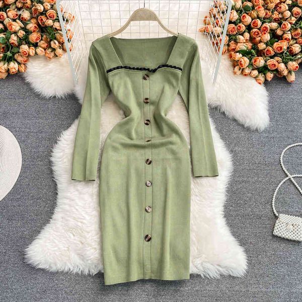 

casual dresses korean female singapore, knitted or crocheted, long-sleeve square turtleneck thin elastic hem, dress autumn bodycon nightgown, Black;gray