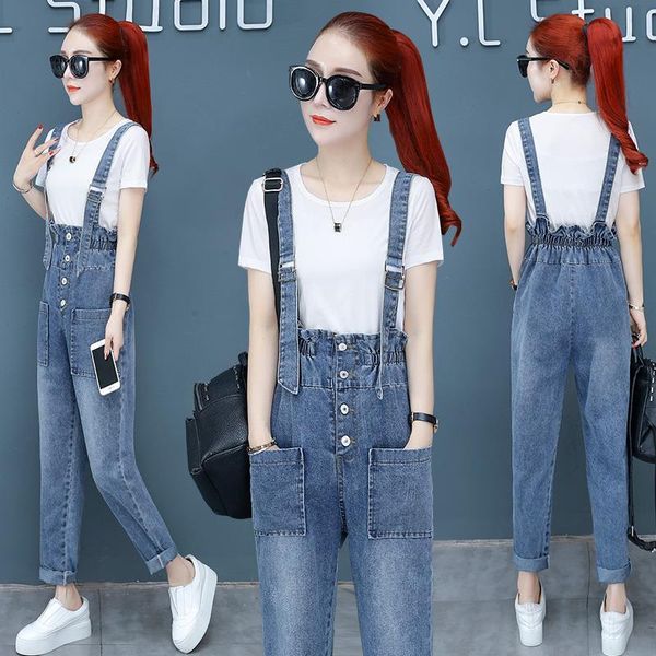 

women's jeans denim overalls women 2021 summer korean version of the waist slimming casual pants mother woman, Blue