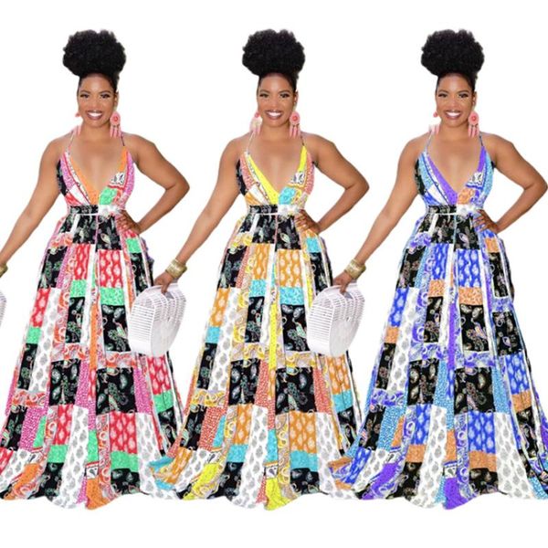 

ethnic clothing polyester summer african women v-neck printing long dress dresses for american print, Red