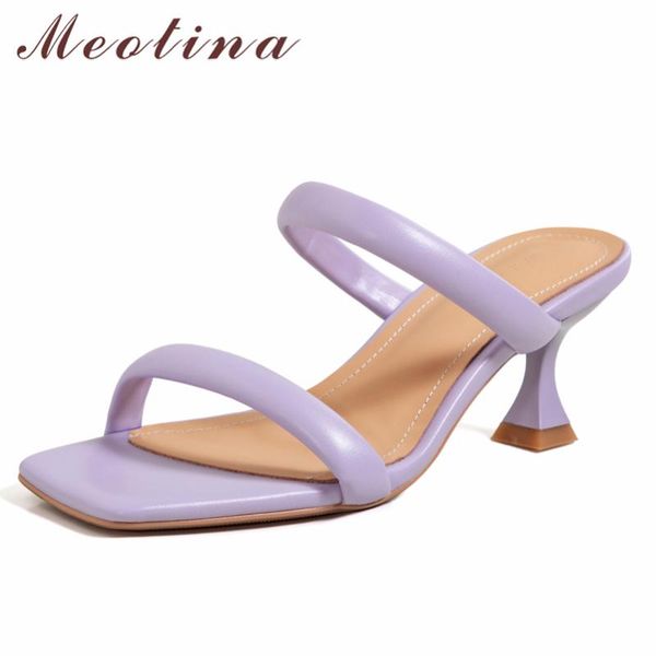 

sandals meotina slippers women narrow band thin heel slides square toe ladies footwear summer purple white fashion big size 43, Black