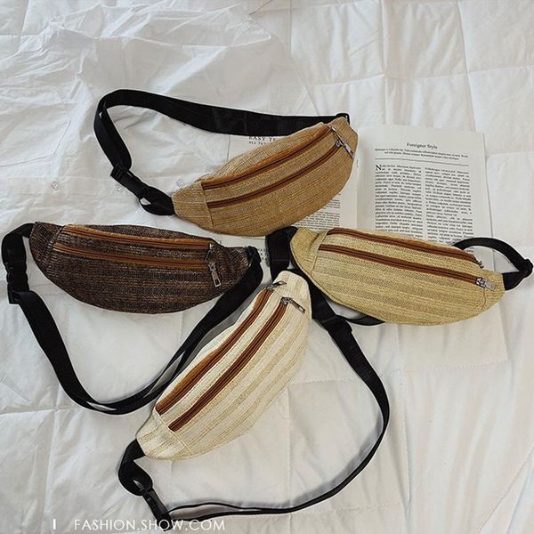 

women straw bags fanny summer sea beach chest bag lady waist pack belt zip crossbody shoulder