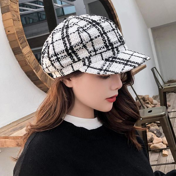 

vintage men women autumn winter plaid warm beret hat wide brim octagonal cap, Blue;gray