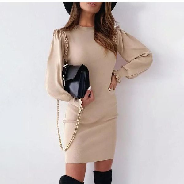 

casual dresses autumn winter mini dress women fashion black red long sleeve o-neck ruffles slim for robe femme 2021, Black;gray