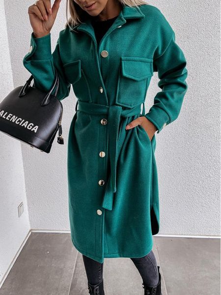 

women's wool & blends 2021 autumn women coat fashion solid print turn down collar long casual chic single-breasted winter female overco, Black