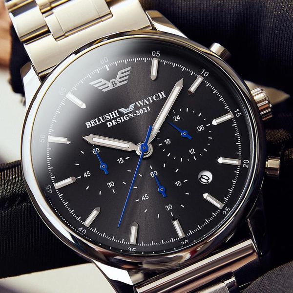 

wristwatches belushi fashion mens watches luxury brand stainless steel sports chronograph quartz watch men waterproof relogio masculino, Slivery;brown