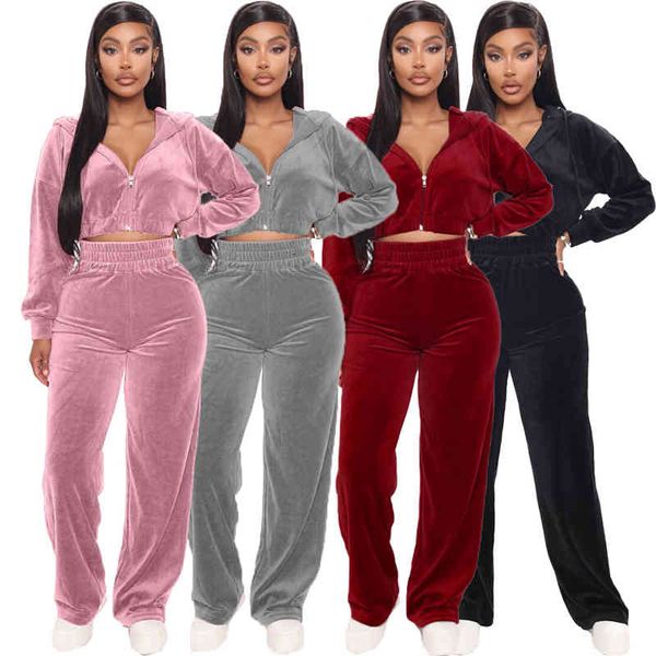 

women's tracksuits veet tracksuit women two piece set autumn winter clothes long sleeve hooded short and wide leg pants velour, Gray