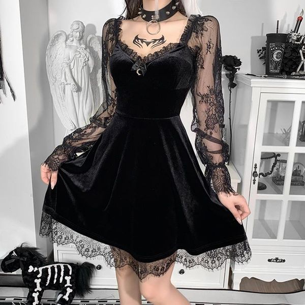 

casual dresses women's goth velour dark gothic aesthetic vintage lace patchwork grunge black dress long sleeve a-line partywear #t1g, Black;gray