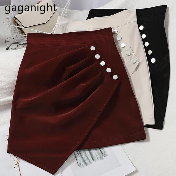 

gaganight women high waist mini pu leather skirt chic irregular button skirts office lady solid zipper a-line slim faldas, Black