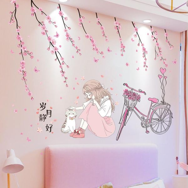 

wall stickers [shijuekongjian] cartoon girl diy flower bike decals for kids bedroom baby room nursery house decoration