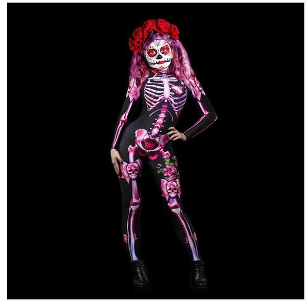 Kid Gril Halloween Esqueleto Esqueleto Cosplay Jumpsuit Rosa Rosa Mulheres Sexy Crânio Traje Assustador Girl Bodysuit Y0903