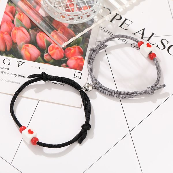 

lovers magnetic clasp bracelet fashion round magnet bell hand wax rope bracelet love men and women's hand rope, Silver