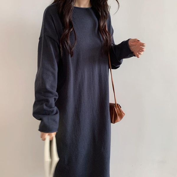 

casual dresses autumn solid knitted cotton sweater women retro fashion loose o-neck pullover female dress vestidos verano, Black;gray