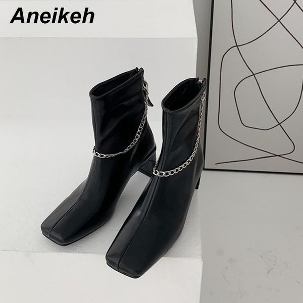 

boots aneikeh 2021 spring/autumn patchwork motorcycle leisure classics chain zipper metal decoration square heel party shoes, Black