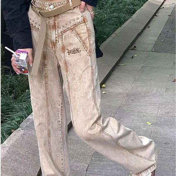 

Women's Jeans Retro Y2K Women Embroidery Street Wide Leg Pants Trendy Womens Korean Style High Waist Jean 2021, Blue