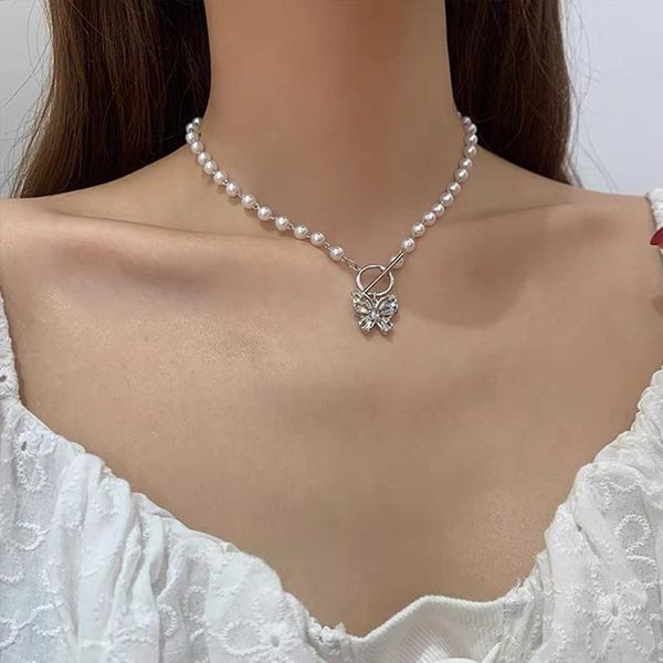 

pendant necklaces fashion ins pearl chain crystal butterfly choker necklace for women vintage trend ot buckle street s jewelry, Silver