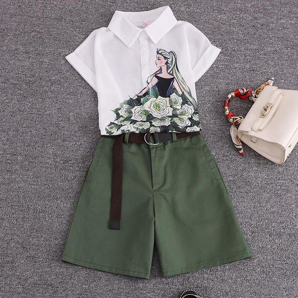 

summer 2 pieces suits girl print chiffon blouse shirt women + shorts set two piece tracksuit with belt dress, White