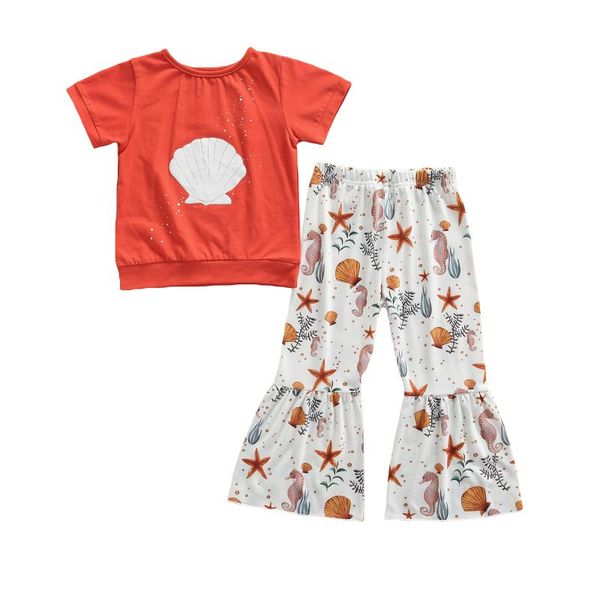 

clothing sets summer toddler girl clothes kids baby short sleeve t-shirt marine life printed flare pants outfit children 1-6y, White
