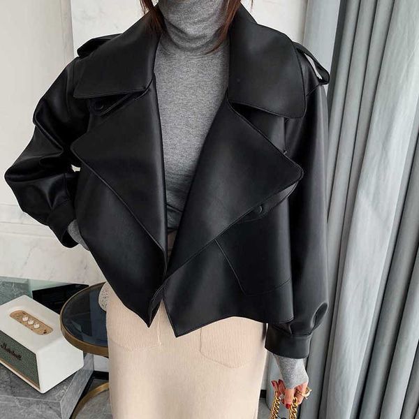 

ly varey lin autumn winter women pu motorcycle biker red coat faux leather jacket turndown collar loose black punk outerwear 210526