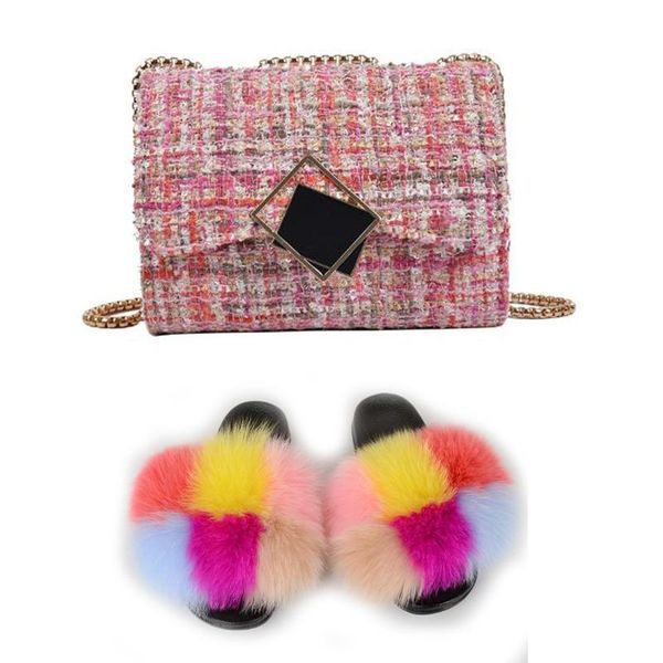 

furry slides for woman with matching purses real fur slippers and purse sets fluffy sandals women shoes handbags in bulk, Black