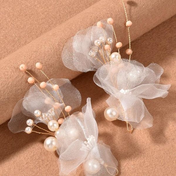 

hair clips & barrettes 2pcs/set white yarn flower pins bridal pearls wedding jewelry piece handmade women accessories hairpins, Golden;silver