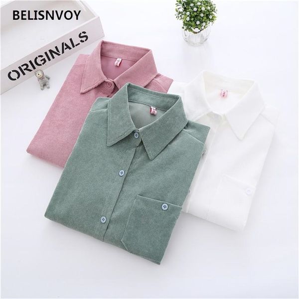 

fashion autumn winter corduroy women's blouse korean style long sleeve turn-down collar vintage loose shirts 210520, White