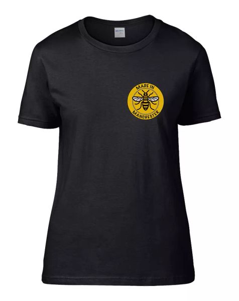 

made in manchester worker bee symbol women's tshirt, White;black