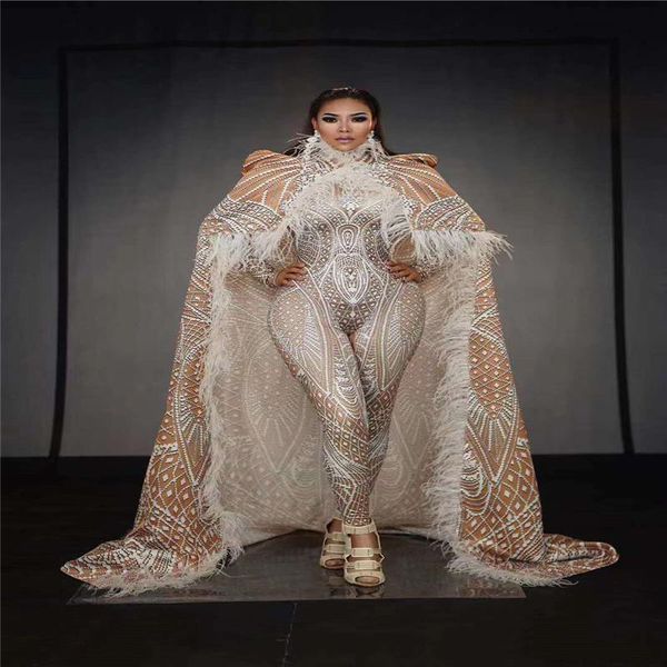

party decoration t55 ballroom dance stage costume feather cloak female singer perform outfit 3d printing stretch leotard jumpsuit wears dj