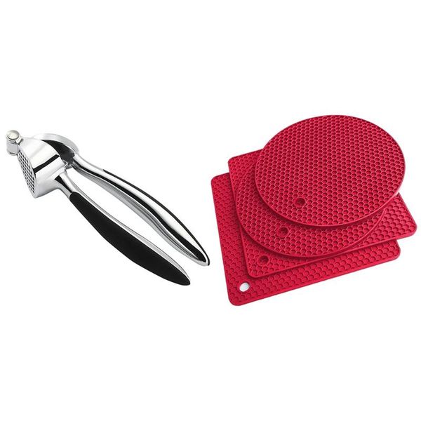 

mats & pads 1x garlic press stainless steel 4x silicone pot holders heat-resistant for pan,tables,counter,spoon rest