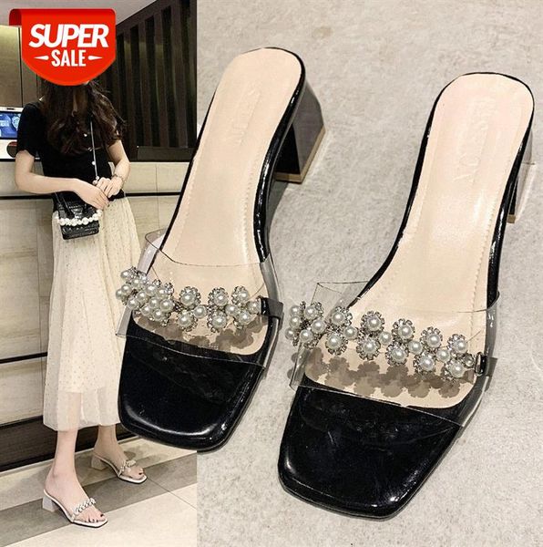 

slippers women's mid-heel thick heel square toe rhinestone beaded transparent sandals korean shoes #0x0x, Black