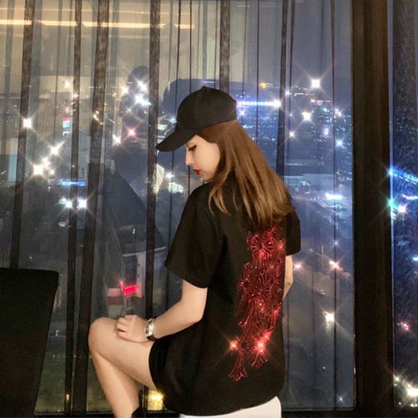 

hong kong fashion limited glittering cross flower short sleeve heavy industry ironing drill t-shirt men's and, White