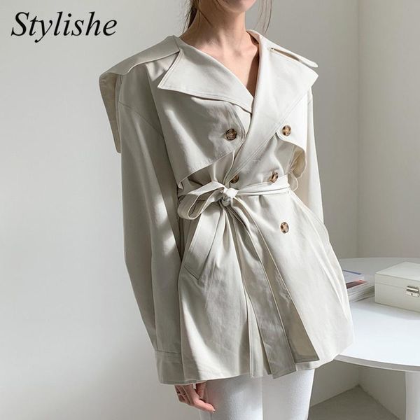 

women's trench coats belted windbreaker 2021 double breasted white short female coat autumn apricot korean fashion loose jacket ladies, Tan;black
