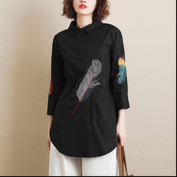 

100% cotton plus size feather women shirt embroidery white long 3 4 sleeve art loose ladies office work button