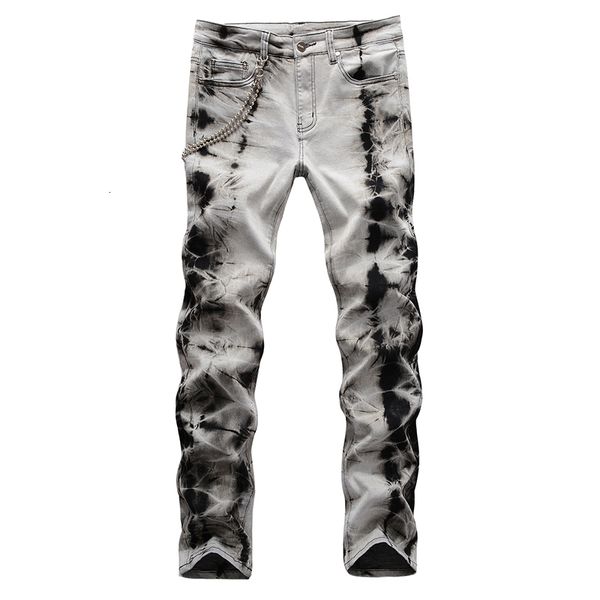 

men's jeans tie and dyed snow washed denim with chain streetwear slim stretch pants gray black trousers genc, Blue