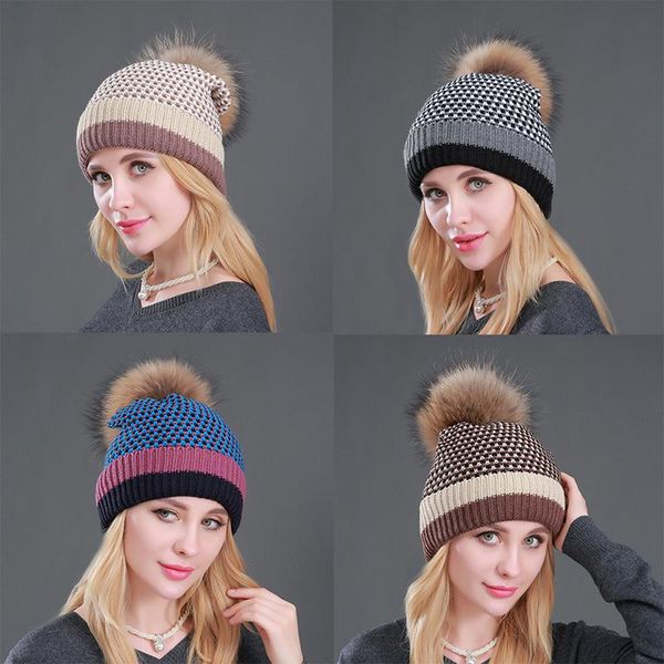 

beanie/skull caps 7 colors cashmere cuffed beanie with real fur pom hat for women winter lattice contrast knit snow ski, Blue;gray