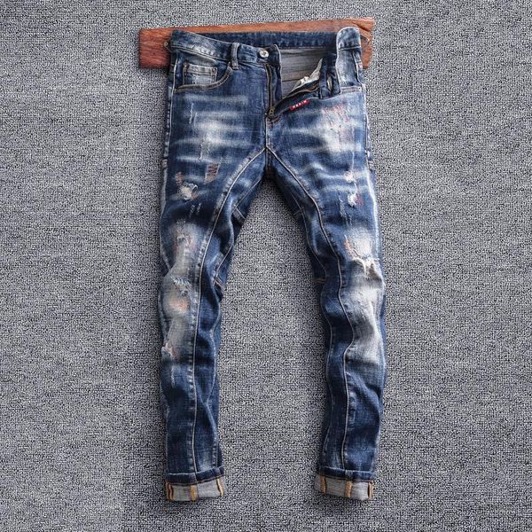 

men's jeans street style fashion men retro blue elastic slim fit ripped embroidery designer hip punk denim biker pants