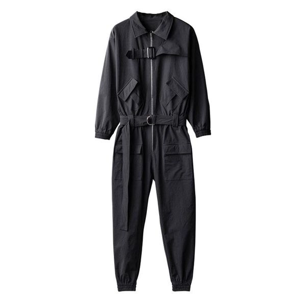 

autumn overalls men jumpsuit lapel long sleeve zipper beam feet loose streetwear fashion clothing cargo pants black trousers men's