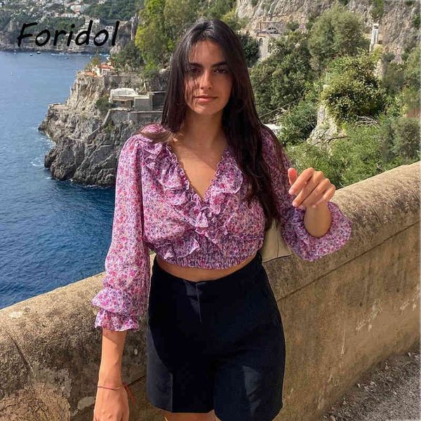 

foridol v neck ruffle purple chiffon crop women lantern sleeve spring autumn boho casual retro blouse 210415, White