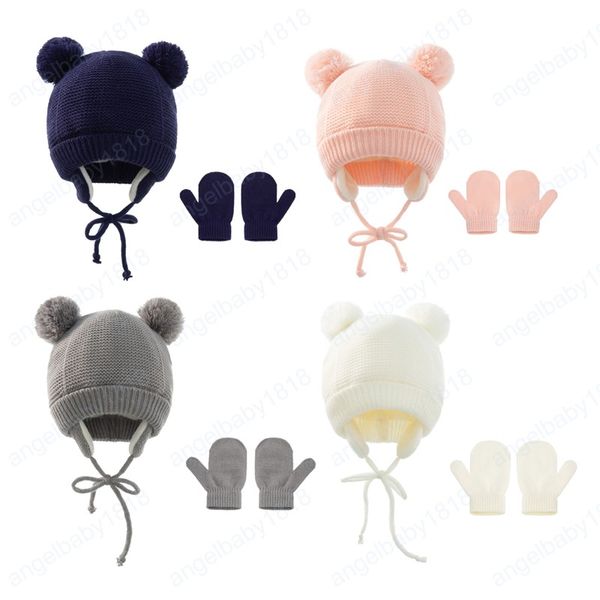 Cappelli per orecchie da orso lavorati a maglia per bambini Guanti per tuta Cappelli per calore in peluche di colore solido Berretto di lana Cappello invernale per bambina per cappellino per bambino