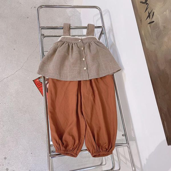 

girls outfits kids clothes summer plaid strap shirt and coffee pant set bay girl casual all match clothing sets, White