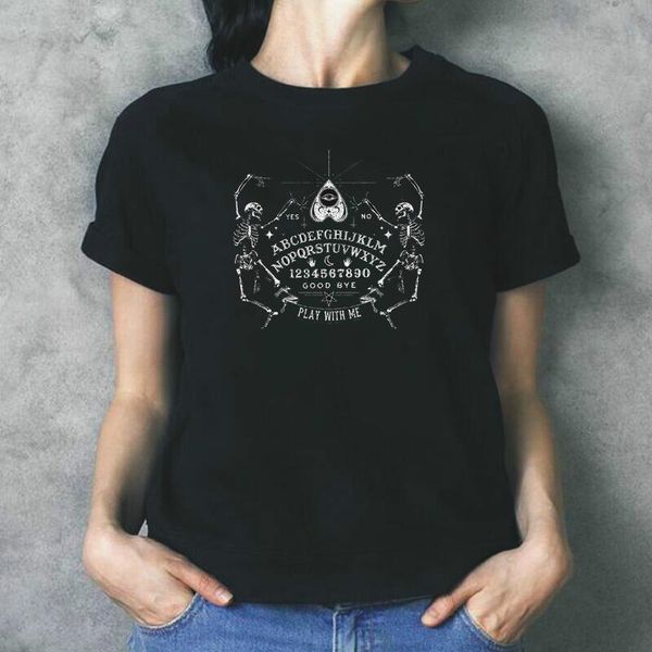 

women's t-shirt women skeleton play with me hipsters summer cute funny tee grunge goth clothing halloween witch shirt, White