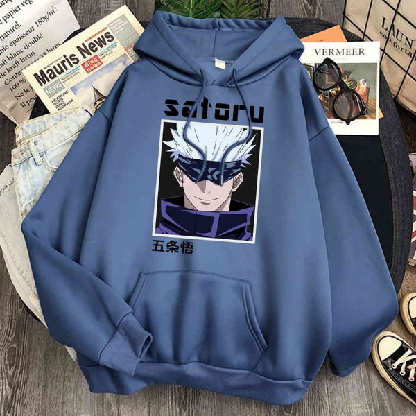 

men's hoodie, gojo satoru jujutsu kaisen print, loose long sve polar lined street cloth, fashion cartoon animation sweatshirt, Black