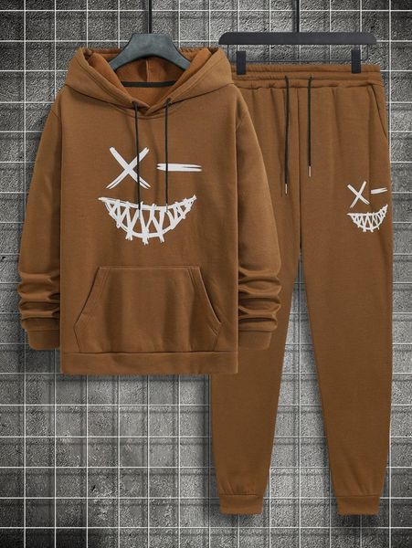 

men cartoon graphic drawstring hoodie & sweatpants x2z8#, Gray