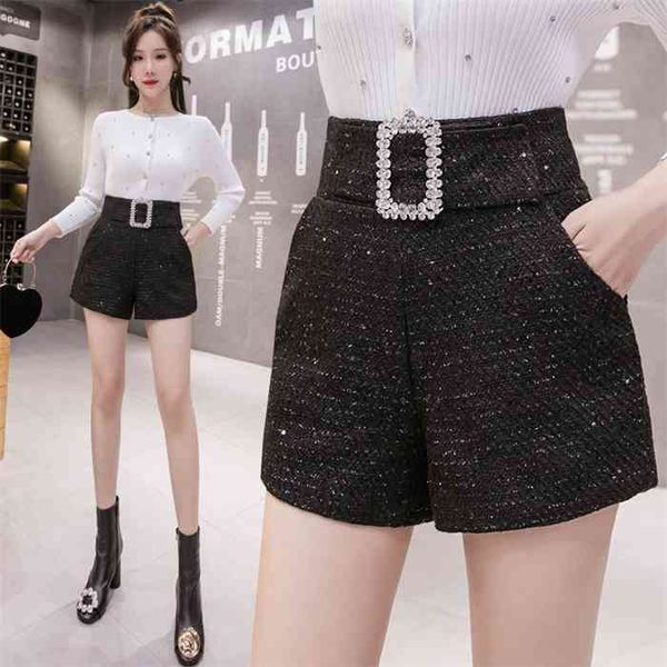 

fashion tweed for autumn winter sequins black women diamonds belt high waist wide leg femme shorts, White;black