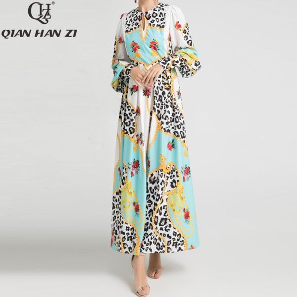 

casual dresses qian han zi 2021 designer fashion autumn maxi dress women's lantern sleeve flower leopard print long beach, Black;gray