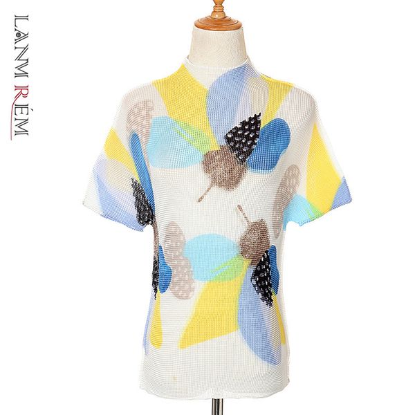 

spring and summer short-sleeved stand collar slim pleated multi color print casual t-shirt for women 2a3203 210507, White